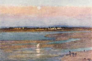 日落时分的月出，从圣米歇尔山的 La Croix Blanche 望去（彩色石版画）