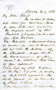 1863年11月7日，署名J.M.F[J.M. Forbes]，波士顿，致艾略特[William G. Eliot]的信 作者 JM福布斯