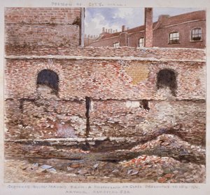伦敦城墙的一部分，显示了伦敦市库伯街的内部面貌，1864年。               作者 J·芒德