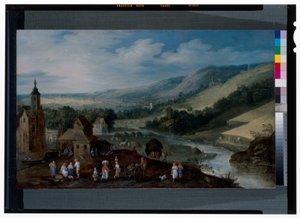 广阔的河流景观与农民收获的收获 作者 J. & Momper J. de (1564-1635) Brueghel