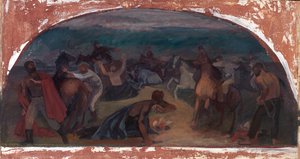 盗牛者对警察的惊讶壁画研究，伯恩斯，俄勒冈州邮局，1941年。 作者 杰克威尔金森