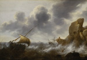 暴风雨中的岩石海岸渔船与沉船，约 1664-65 年（油画） 作者 雅各布·阿德里安斯。贝勒瓦
