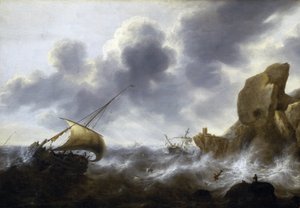 一艘渔船在岩石海岸附近遭遇风暴，船身遇难。Jacob Adriaensz Bellevois（1621-1675 年）的布面油画。 作者 雅各布·阿德里安斯。贝勒瓦