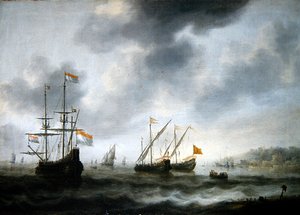 荷兰旗舰De Roode Leeuw和两艘英国船只（布面油画） 作者 雅各布·阿德里安斯。贝勒瓦