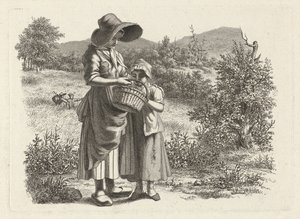 年轻女子和一个孩子在篮子里寻找 研究版画 / Etudes gravées（系列标题） 作者 雅各布·恩斯特·马库斯