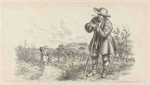 乡村道路上拄着棍子的男人和带着孩子的女人 研究版画 / Etudes gravées（系列标题） 作者 雅各布·恩斯特·马库斯
