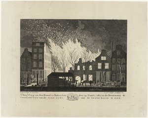 1782 年鹿特丹 De Twee Leeuwen 啤酒厂的火灾
1782 年 3 月 19 日鹿特丹 De Twee Leeuwen 啤酒厂发生火灾的图片，从 Leuvehaven 西侧观看（标题在实物上） 作者 A.Groenendijk