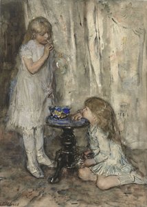 两个女孩吹泡泡，1880年（粉笔在纸上） 作者 Jacob Henricus or Hendricus Maris