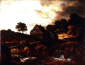 树林中的风景，农民在激流的桥上 作者 雅各布·伊·范（Ruisdael 的追随者）