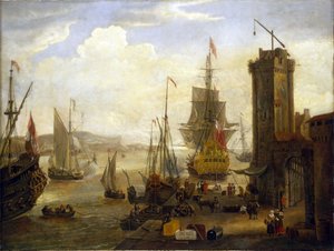 英国港口码头上的活动场景，英国和荷兰船只将货物从仓库和商店装载到码头上，各种船只进入港口 作者 雅各布·奈夫