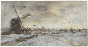 雪中磨坊的风景 作者 雅各布·马里斯