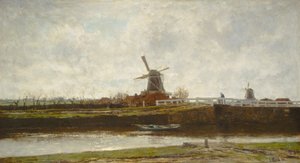 海牙Noordwest Buitensingel上的磨坊和桥梁景观 作者 雅各布·马里斯