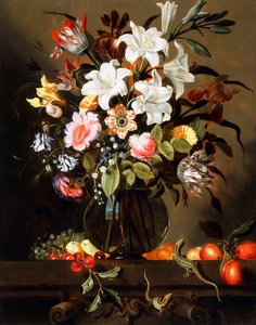 一束鲜花，上面放着水果和两只蜥蜴，放在石壁上，1647年