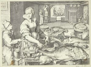 厨房场景，厨房女工正在清理鱼类 作者 雅各布·马塔姆（Jacob Matham）