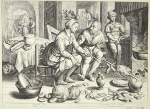 厨房场景：一男一女正在炸鸡 作者 雅各布·马塔姆（Jacob Matham）