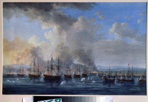 俄奥战争："1770 年达米埃塔海战"（La bataille navale du chateau de Damiette en 1770）这是凯瑟琳二世的俄国舰队与奥斯曼帝国舰队的对决（奥洛夫革命或奥洛夫兄弟远征）。绘画 作者 雅各布·菲利普·哈克特