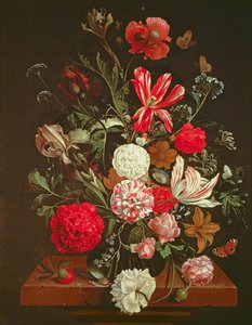 一个静物画的花在一个玻璃花瓶，17世纪