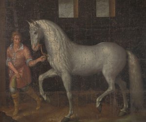 西班牙战马
Lodewijk Gunther van Nassau 在尼乌波尔特战役中从奥地利大公阿尔伯特手中缴获的一匹西班牙战马，并赠送给莫里茨王子 作者 雅各布·德·盖恩 (II)