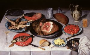 早餐包括鱼，火腿和樱桃，1614年