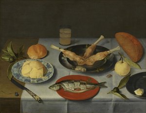 与面包，奶酪，鱼和啤酒一起吃早餐，c。 1615 作者 雅各布·范·赫尔斯东克