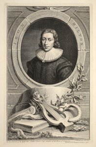 约翰米尔顿的肖像，插图来自“英国杰出人物的头”，酒吧。来自1742年伦敦的Knapton 作者 雅各布斯·霍布拉肯
