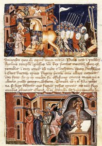 特洛伊城的围攻和袭击，缩影，取自吉多·德尔·科隆（Guido delle Colone，约 1210 年 - 约 1287 年）的《特洛伊毁灭史》 作者 詹姆斯·克伦伯格