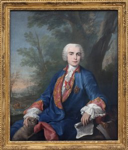 女高音阉割者卡洛·布罗斯基，称为法里内利 (1705-1782)。 这位歌手持有卡拉特拉瓦勋章，根据他手上的乐谱，盖埃塔诺·拉蒂利亚 (Gaetano Latilia) 的歌剧 Zenobia 的一些小节。 Jacopo Amigoni (1682-1752) 的绘画，油画