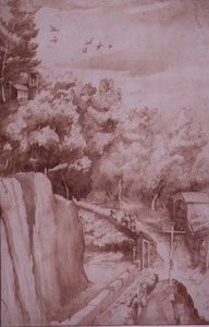 PD.52-1997 拉韦尔纳修道院的景色，通往修道院的道路，约1607-12（水、笔、墨，纸）。 作者 雅各布·利戈齐（Jacopo Ligozzi）