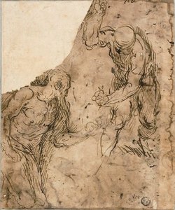 两幅男性裸体素描，一幅跪姿，一幅站姿（直面）；三幅素描：坐着的男性裸体、躺着的男性裸体、侧面的男性头部（背面）
