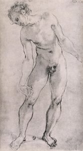 在佛罗伦萨Santa Felicita的Capella Capponi，1525-27（木炭）研究“沉积”祭坛的男性形象 作者 雅各布·蓬托尔莫