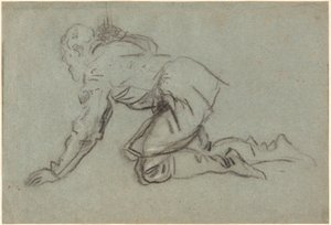 一个跪着的人拿着一个工作人员，c.1554-56（蓝纸上的木炭） 作者 雅各布·罗布斯提·丁托列托