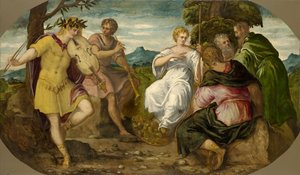 阿波罗（Apollo）与马斯亚斯（Marsyas）之间的音乐比赛，约1545年。 作者 雅各布·罗布斯提·丁托列托