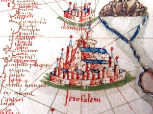详细显示耶路撒冷和大马士革从欧洲文艺复兴时期的地图，Jacopo Russo（后），1528年