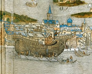 在威尼斯船厂建造一艘加仑船，选自《Peregrinatio in Terram Sanctam》，1486 年首次以拉丁文印刷......（木刻）。