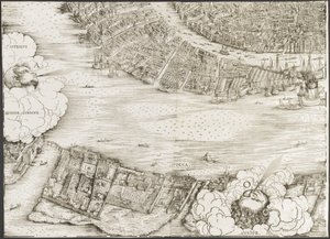 威尼斯的景色[左下角街区]，1500年。 作者 雅各布·德·巴巴里