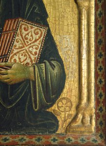 救世主与圣母和圣徒》，由Meliore Toscano或Meliore di Jacopo（约1255-1285）创作，蛋彩和黄金在面板上，85x210厘米，细节