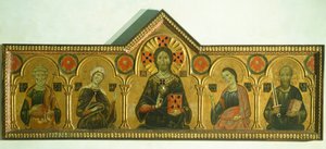 救世主与圣母和三位圣徒》，由Meliore Toscano或Meliore di Jacopo（约1255-1285）创作，蛋彩和黄金在面板上，85x210厘米，详细介绍