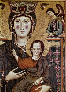 处女和带着天使的孩子-蛋彩画在木头上由Meliore di Jacopo