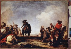 "战后》（Apres la bataille）：一群僧侣从伤员中间走过，为他们祈福。雅克-库尔图瓦（1621-1696 年）17 世纪作品，圣彼得堡冬宫博物馆（圣彼得堡） 作者 雅克·考特瓦伊斯（Jacques Courtois）
