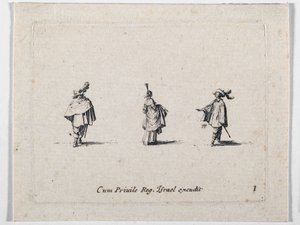 一位拢裙的女士和两位骑兵，选自 Les Fantaisies de Noble J. Callot ... （雕刻） 作者 雅克·卡洛