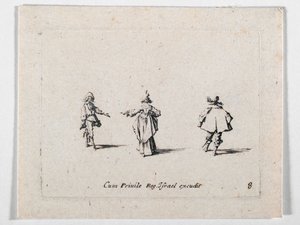 一位伸出手的女士和两位骑兵，选自《Les Fantaisies de Noble J. Callot》......（版画）。 作者 雅克·卡洛