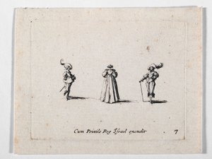 一位身着百褶裙的女士和两位骑兵，选自《Les Fantaisies de Noble J. Callot》......（版画）。 作者 雅克·卡洛