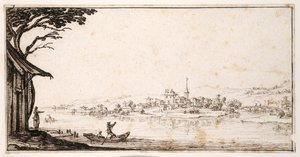 Ferrying a passenger across a river to a small town linked by a bridge to a castle (pen & brown ink on paper) 作者 雅克·卡洛