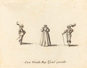 从后面看到的女士，和两位绅士，可能是1634年。 作者 雅克·卡洛