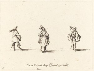 带羽毛的女士和两位绅士，可能是1634年。 作者 雅克·卡洛