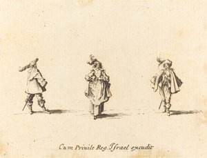 带羽毛的女士和两位绅士，可能是1634年。 作者 雅克·卡洛