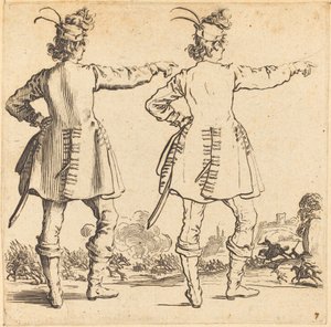 帽子上有羽毛的官员，从后面看，1617年和1621年。 作者 雅克·卡洛