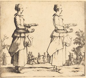 挎着篮子的农妇，正面朝右，1617年和1621年。 作者 雅克·卡洛