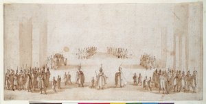 “Il Solimano”中人物组的上演草图（钢笔和棕色墨水，红色粉笔上有棕色水洗） 作者 雅克·卡洛