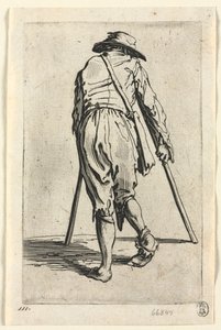 乞eg：拐杖上的乞gar，戴着帽子，c。 1623。 作者 雅克·卡洛